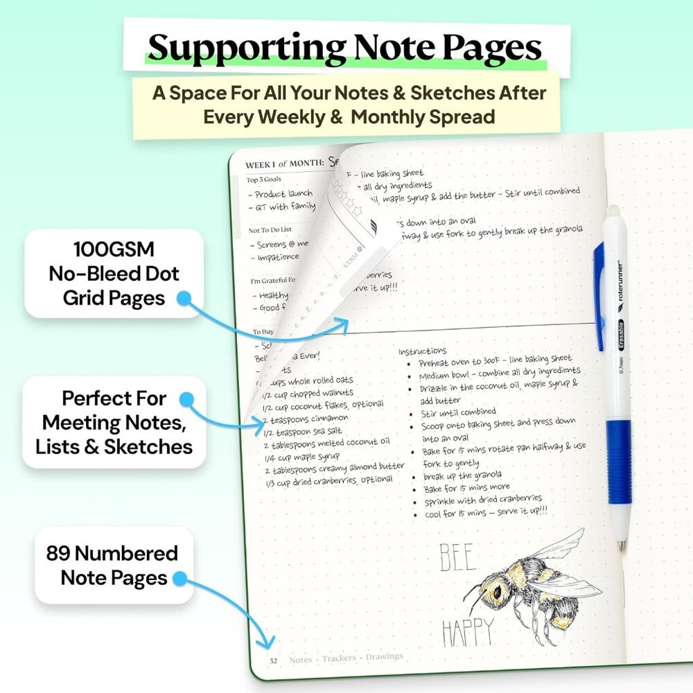 Roterunner A5 Undated Weekly Planner 6-Month Green Hard Cover ADHD 89pgs - Picture 3 of 8